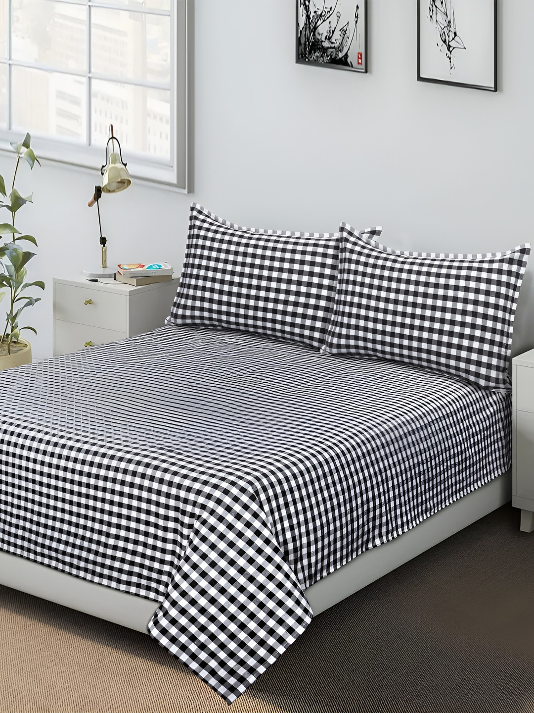 Airwill Black Checked Cotton 104 TC Queen Coarse Bedsheet with 2 Pillow Covers-254 x 229 cm