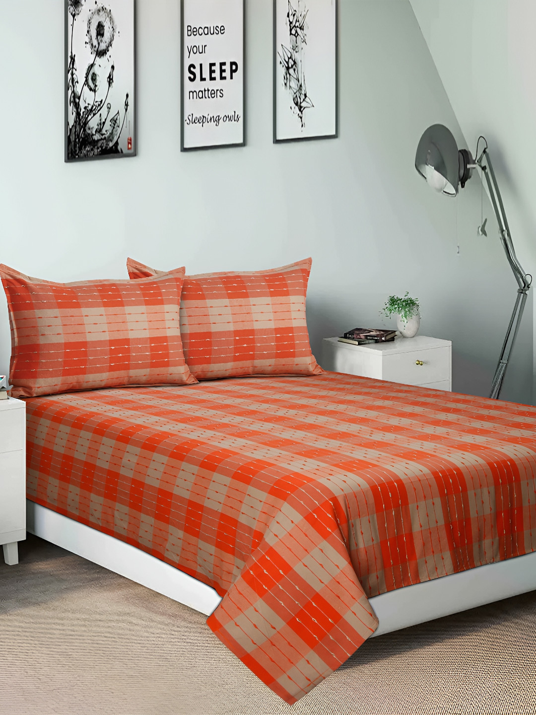 Airwill Orange Checked Cotton 104 TC Queen Coarse Bedsheet with 2 Pillow Covers-100 x 90 inches