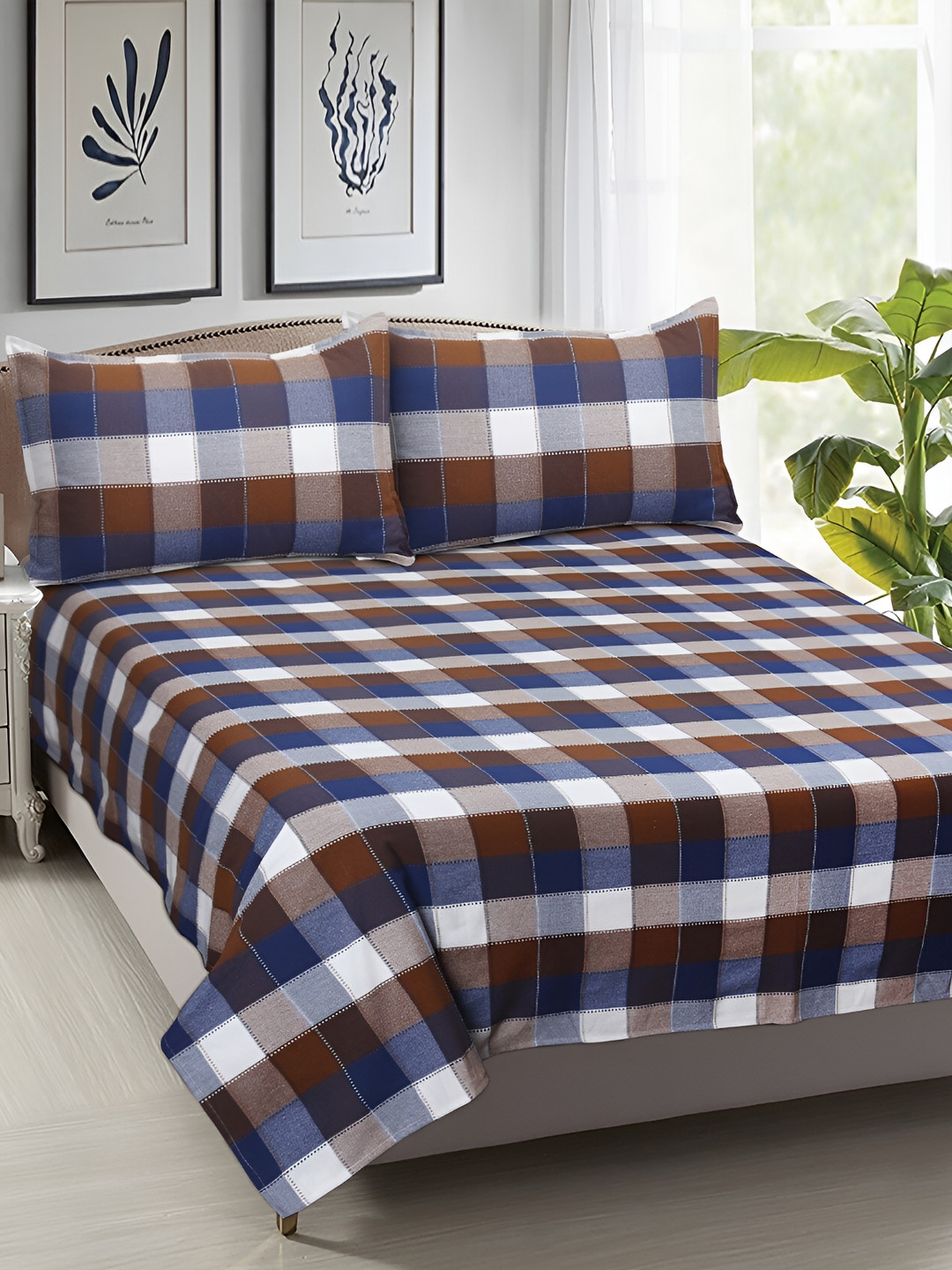 Airwill Blue Checked Cotton 104 TC Queen Coarse Bedsheet with 2 Pillow Covers-100 x 90 inches