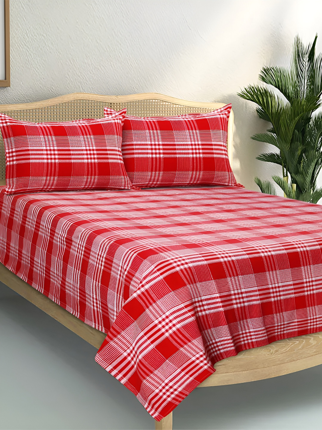 Airwill Red Checked Cotton 104 TC Queen Coarse Bedsheet with 2 Pillow Covers-100 x 90 inches