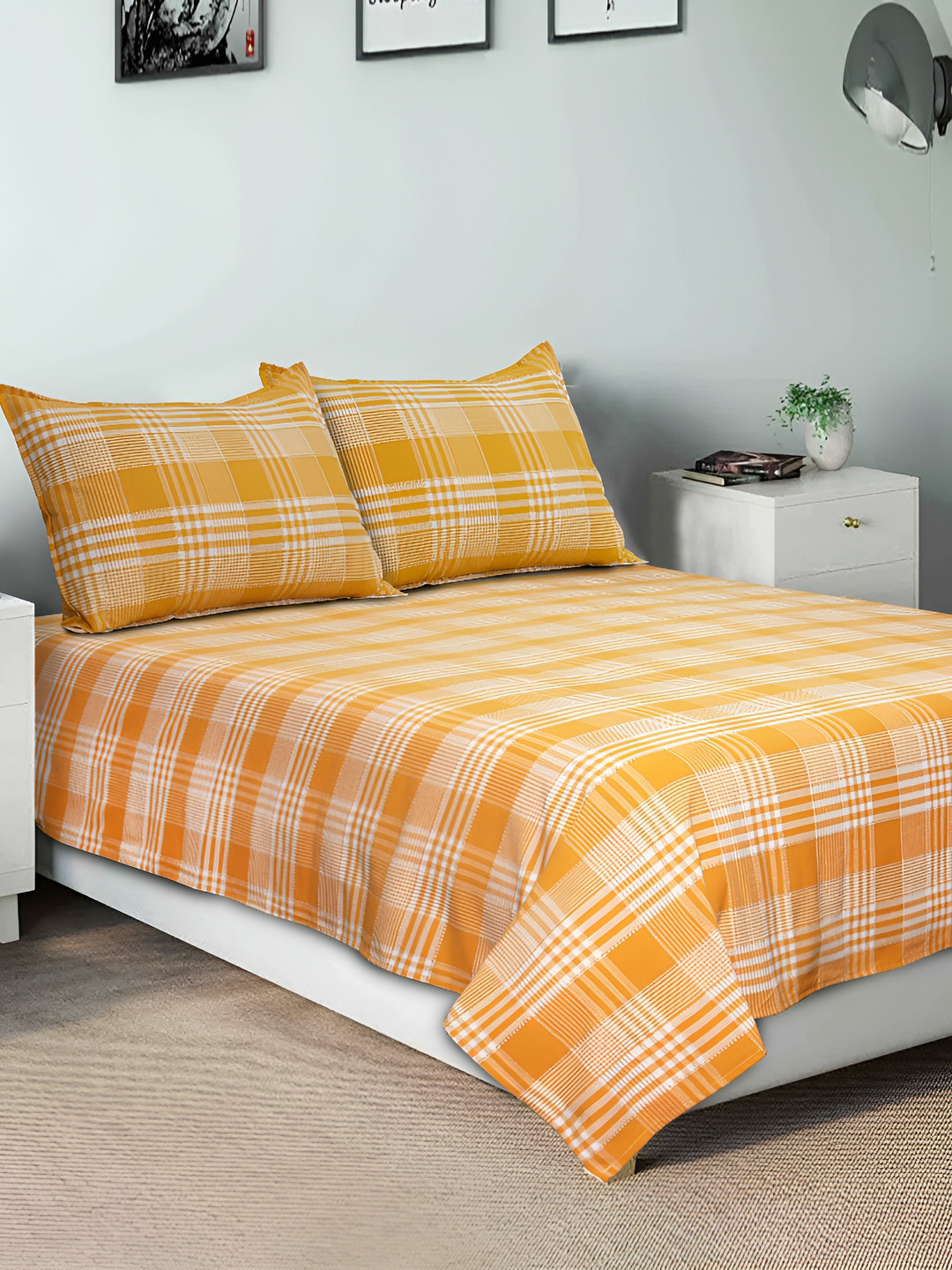 Airwill Orange Checked Cotton 104 TC Queen Bedsheet with 2 Pillow Covers-90 x 100 inches