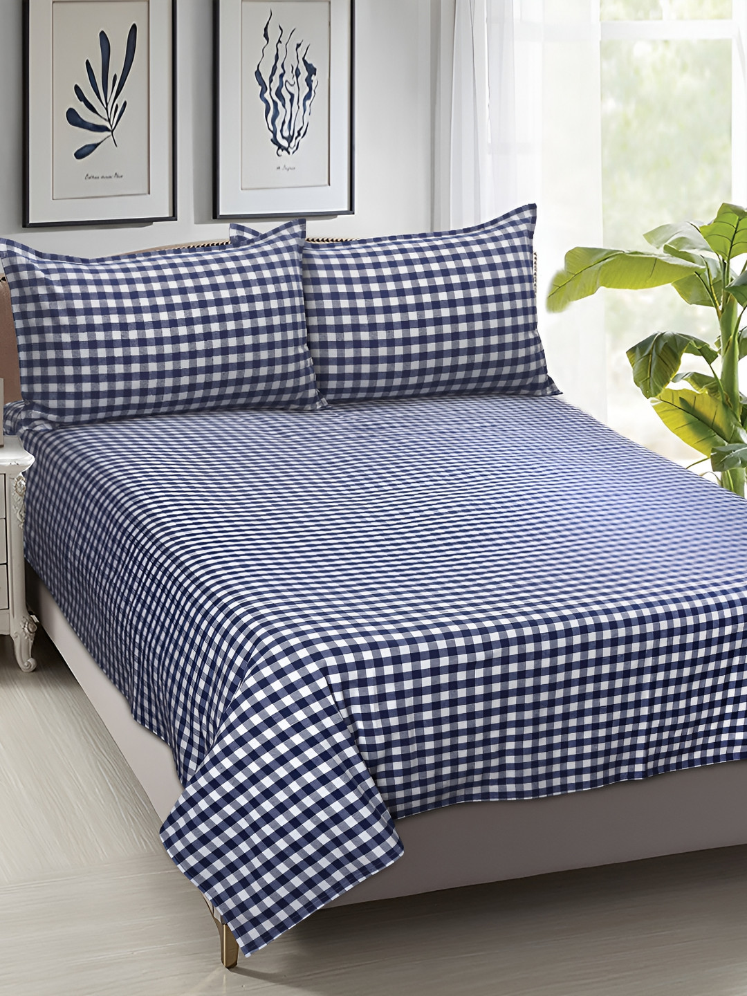 Airwill Blue Checked Cotton 104 TC Queen Bedsheet with 2 Pillow Covers-90 x 100 inches