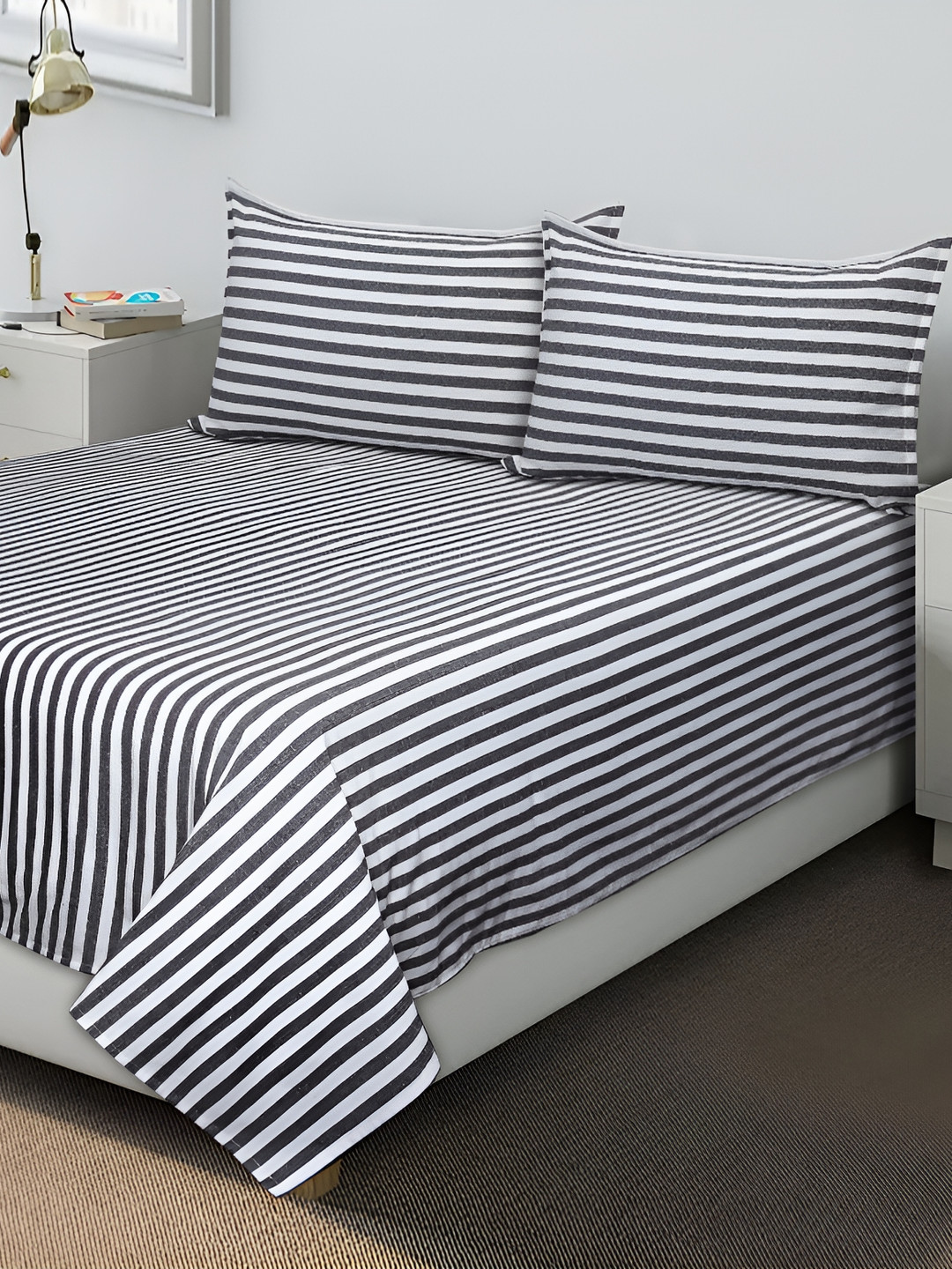 Airwill Black Striped Cotton 104 TC Queen Coarse Bedsheet with 2 Pillow Covers-100 x 90 inches