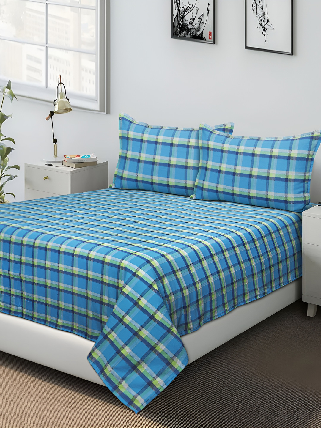 Airwill Blue Checked Cotton 104 TC Queen Coarse Bedsheet with 2 Pillow Covers-100 x 90 inches
