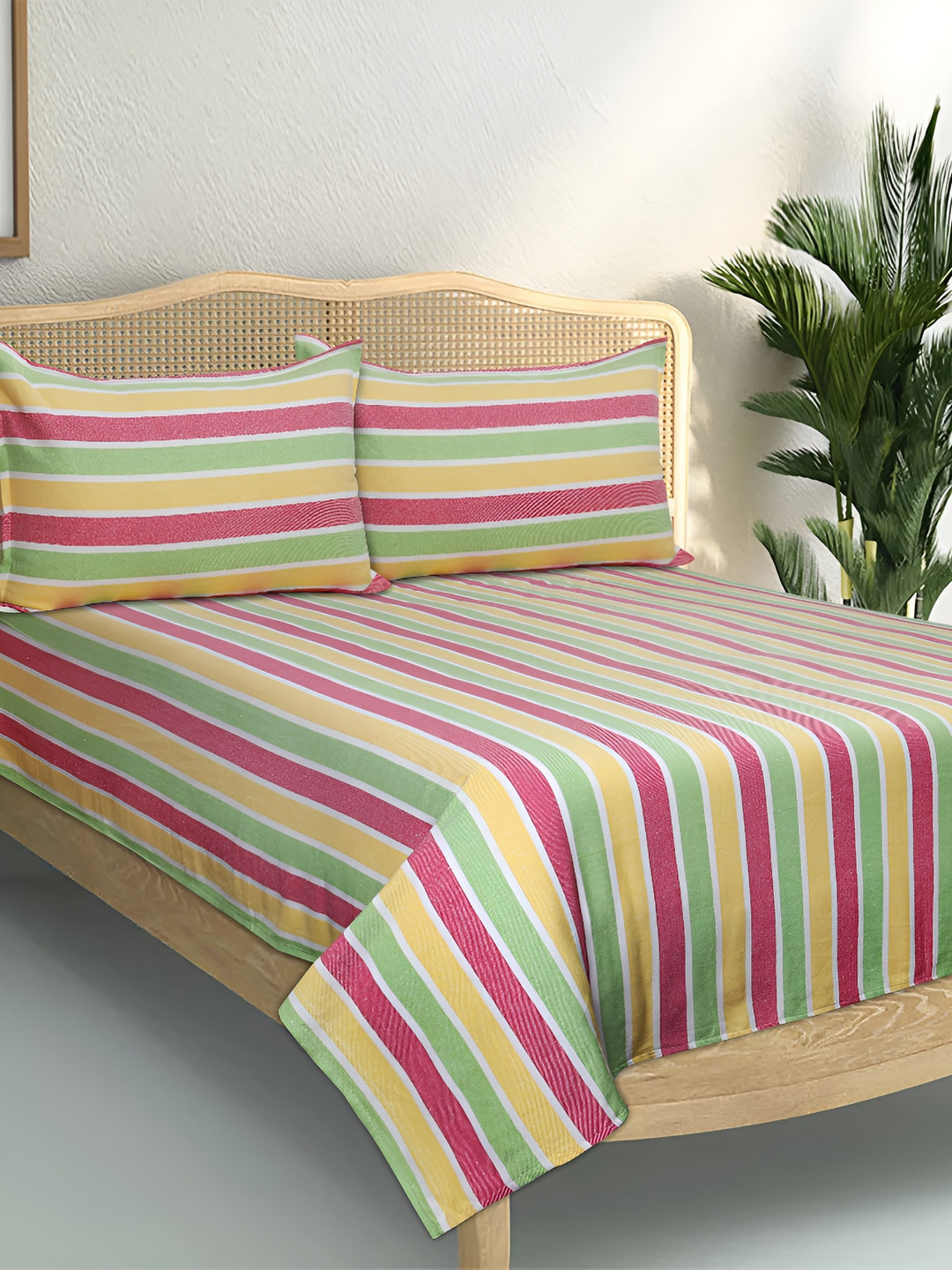 Airwill White Striped Cotton 104 TC Queen Bedsheet with 2 Pillow Covers-90 x 100 inches