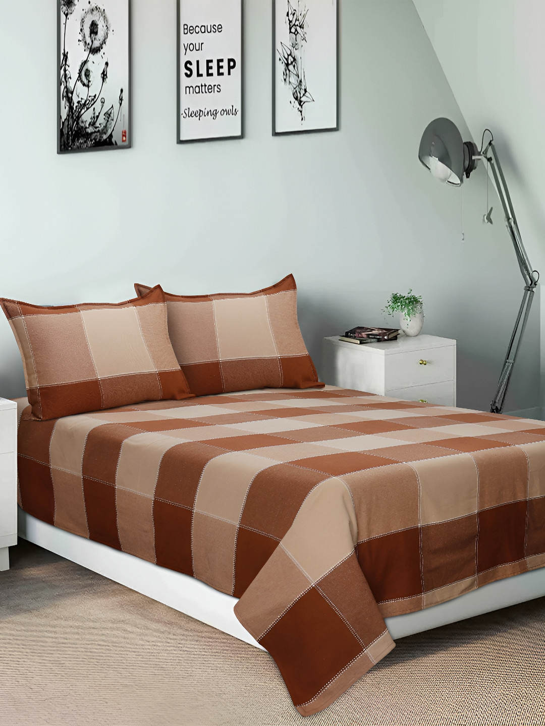 Airwill Brown Checked Cotton 104 TC Queen Coarse Bedsheet with 2 Pillow Covers-100 x 90 inches