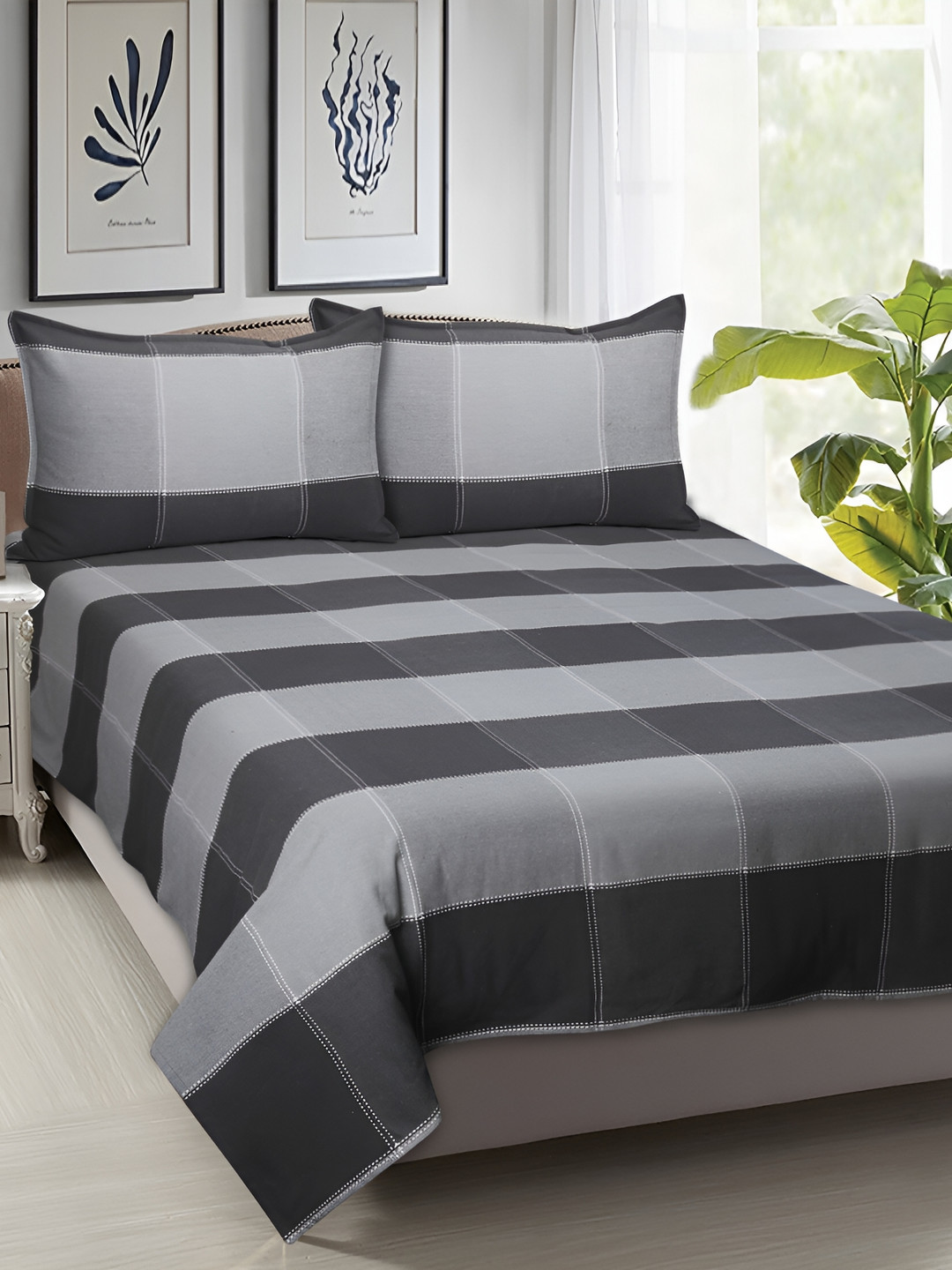 Airwill Grey Geometric Cotton 104 TC Queen Coarse Bedsheet with 2 Pillow Covers-100 x 90 inches