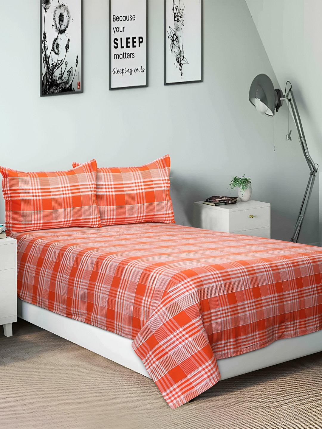 Airwill Orange Checked Cotton 104 TC Queen Coarse Bedsheet with 2 Pillow Covers-100 x 90 inches