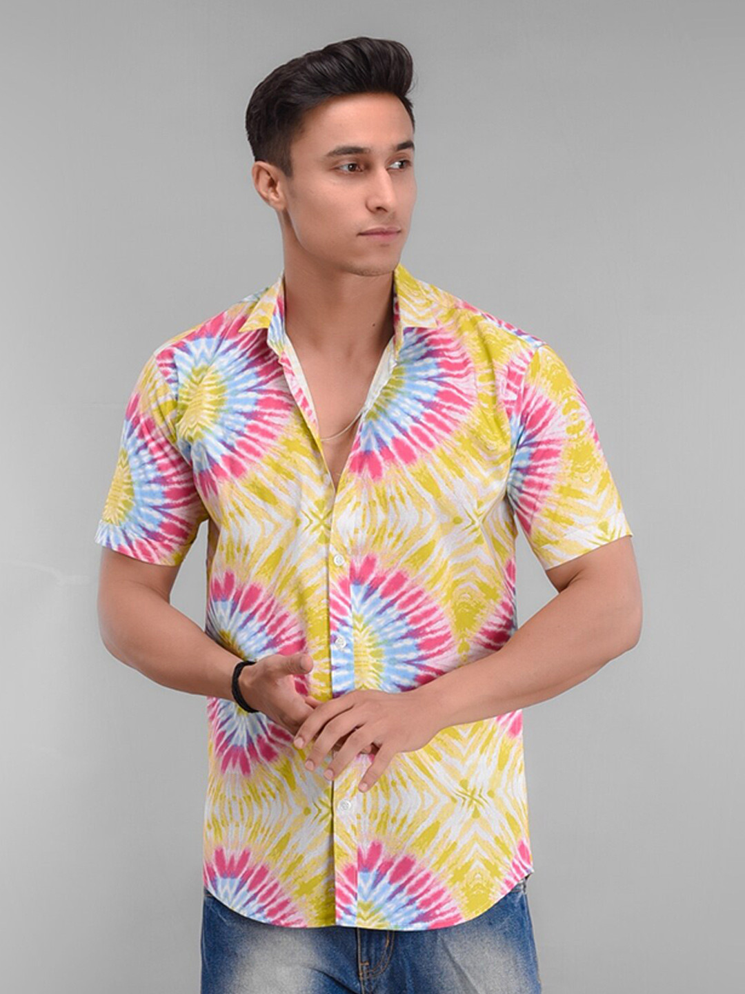 BASE 41 Slim Fit Geometric Self Design Spread Collar Tie & Dye Cotton Casual Shirt