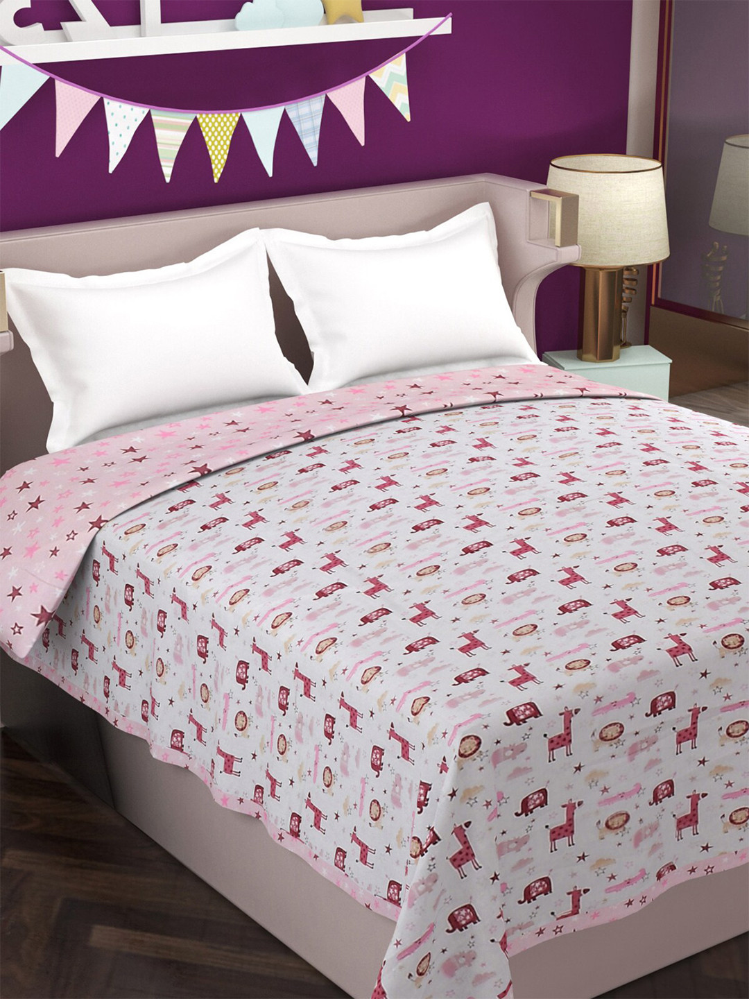Florida Pink Cartoon Characters Cotton 210 GSM AC Room Reversible Double Bed Comforter