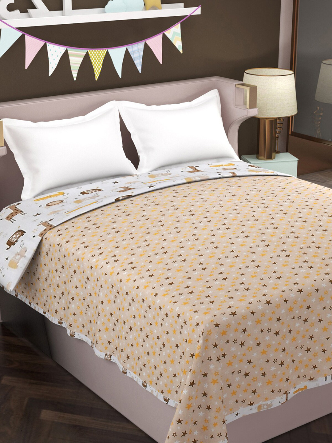 Florida Beige & White Cartoon Reversible Cotton AC Room 210 GSM Double Bed Comforter