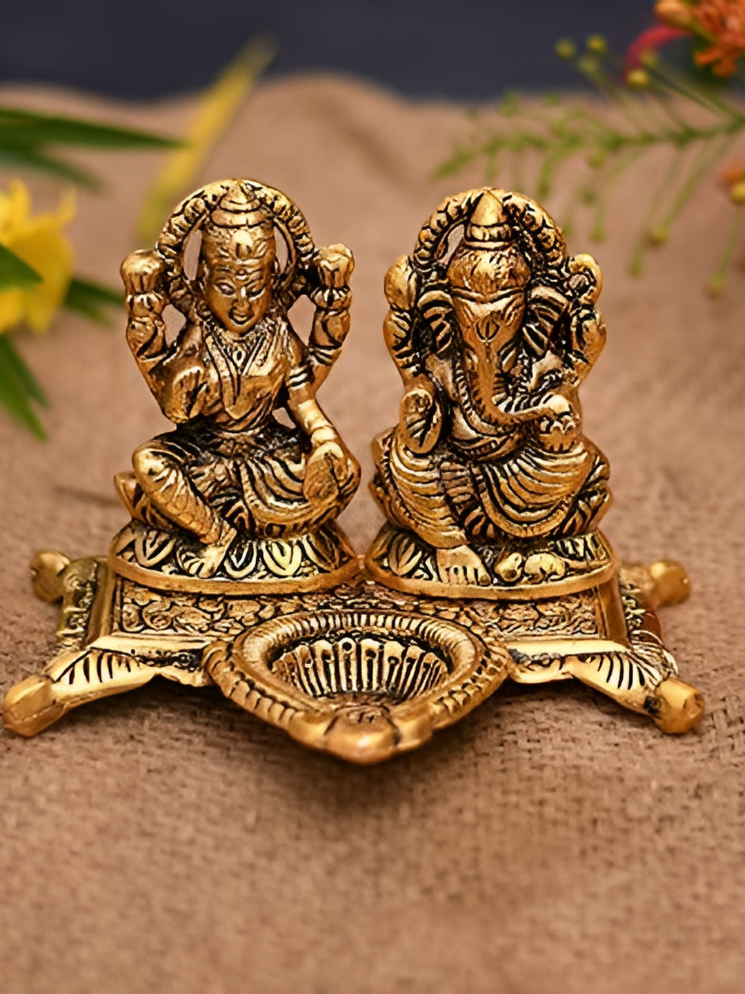 Navyaksh Laxmi Ganesh Gold Brass Metallic Prayer Room Small Showpiece -
