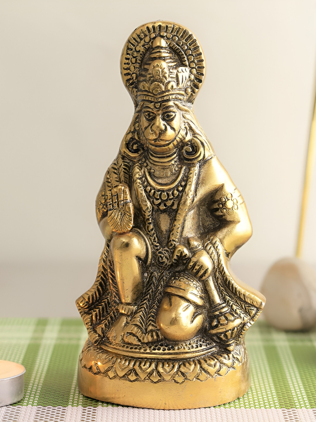 Navyaksh Hanuman Ji Gold Metal Metallic Prayer Room Small Showpiece - 6.5 Inches