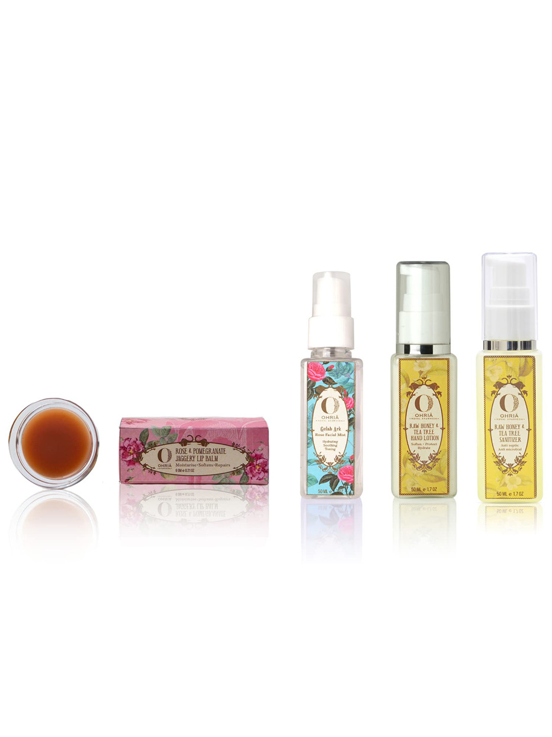 OHRIA AYURVEDA Set of 4 Rose Facial Mist-Hand Lotion-Hand Sanitizer & Jaggery Lip Balm