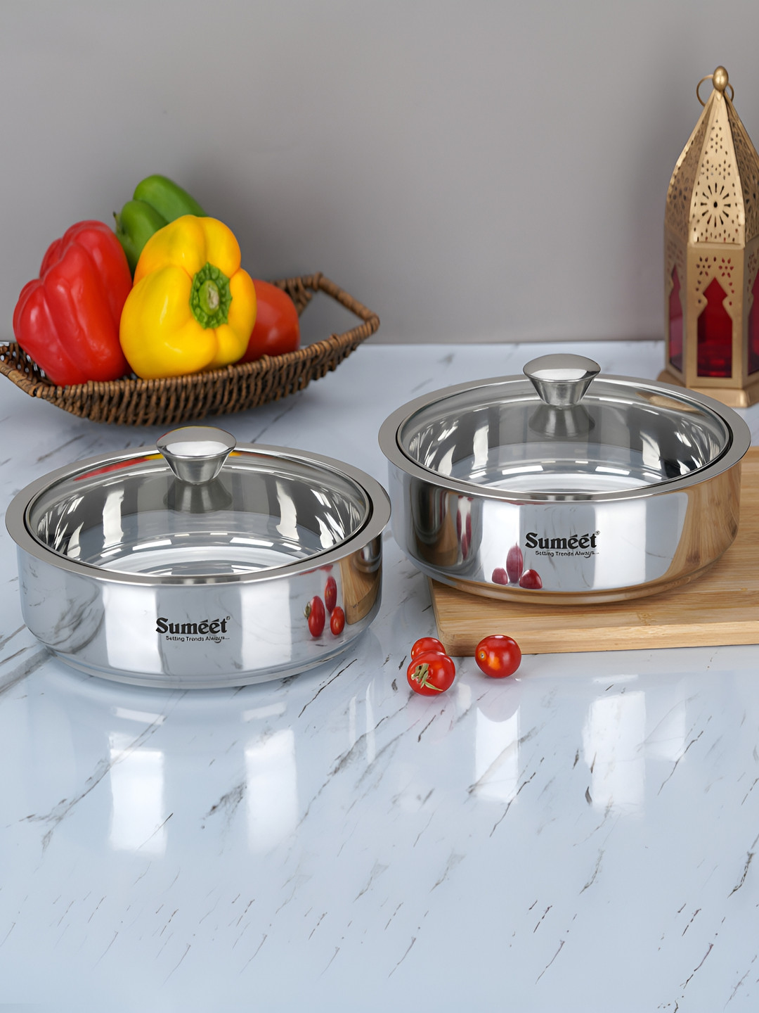 Sumeet Pack of 2 Stainless Steel Double Wall Insulated Casserole with Glass Lid -1 L