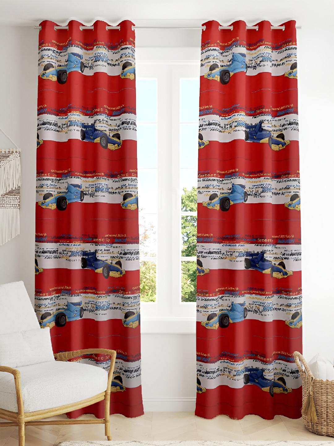 Tesmare Red & Blue Quirky Satin Window Curtain