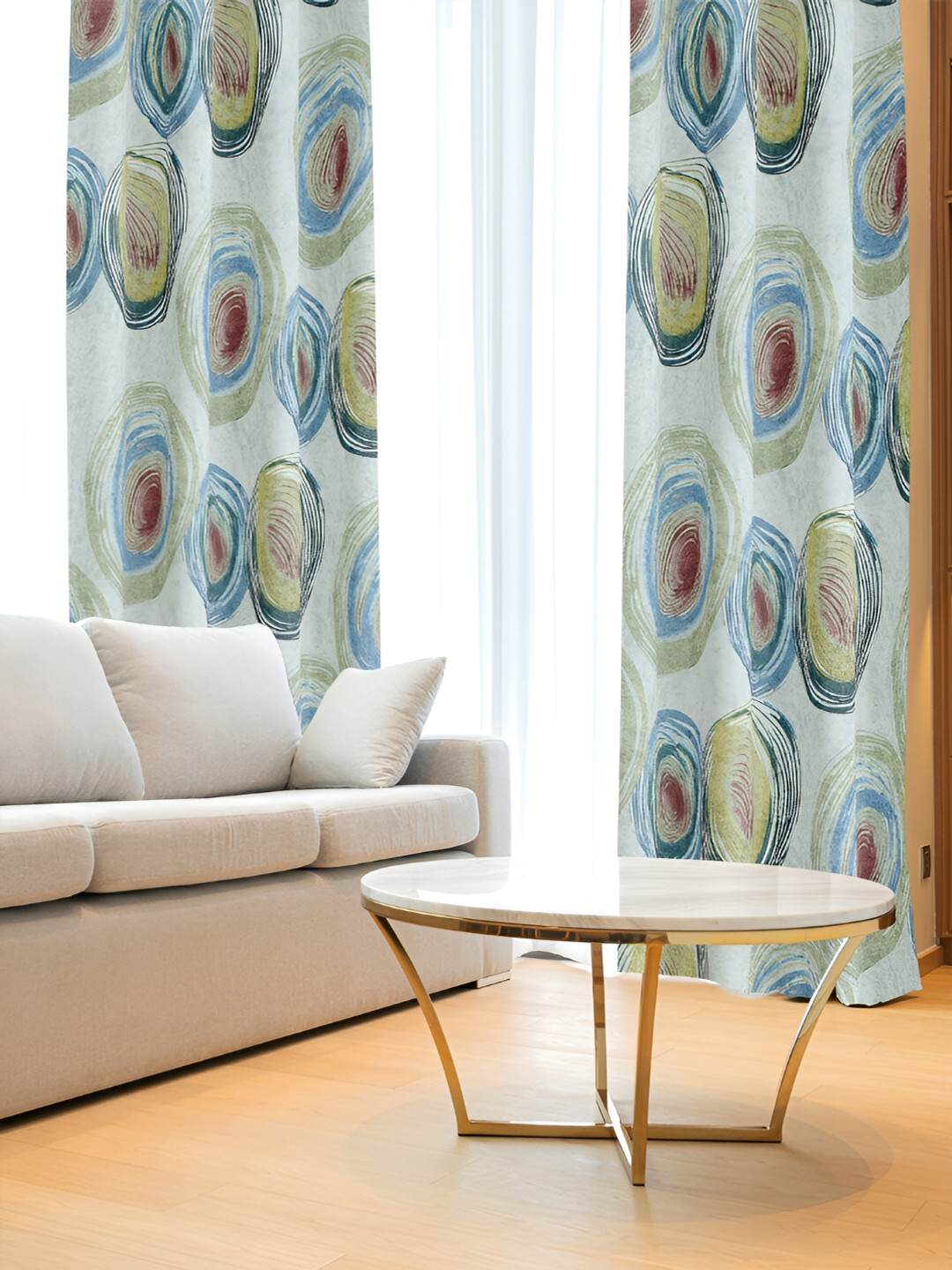 Tesmare Off White & Blue  Geometric Door Curtain