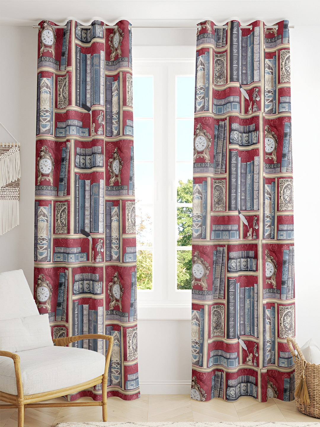 Tesmare Maroon & Grey Quirky Satin Window Curtain