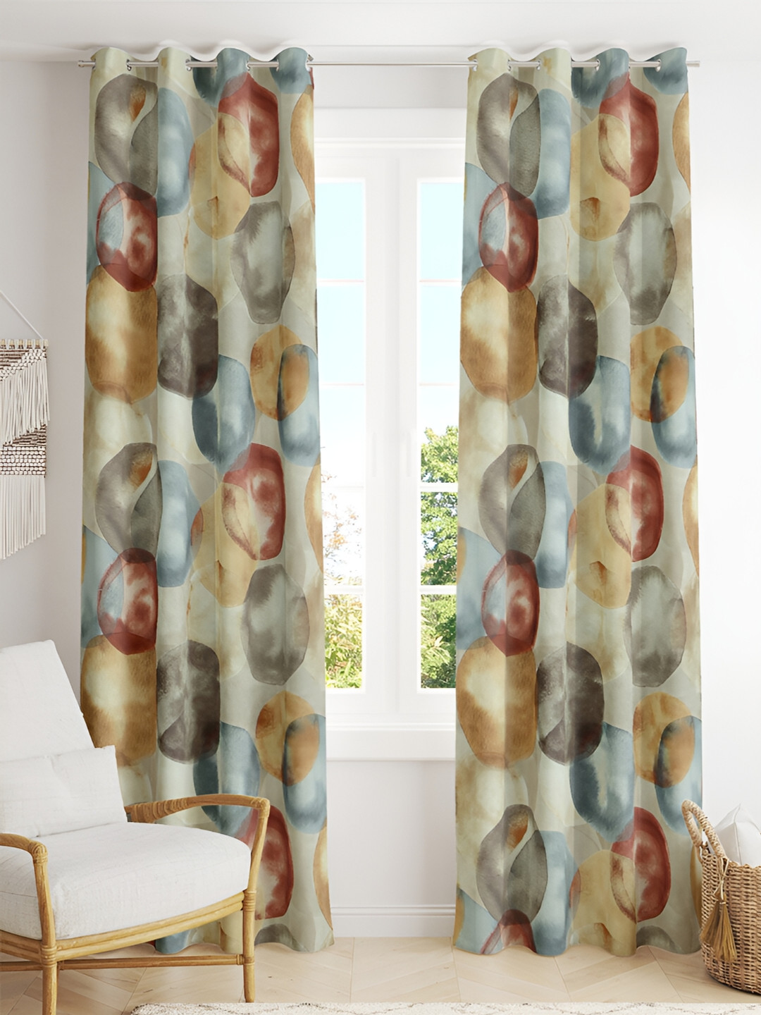 Tesmare Beige & Blue Abstract Long Door Core Curtain