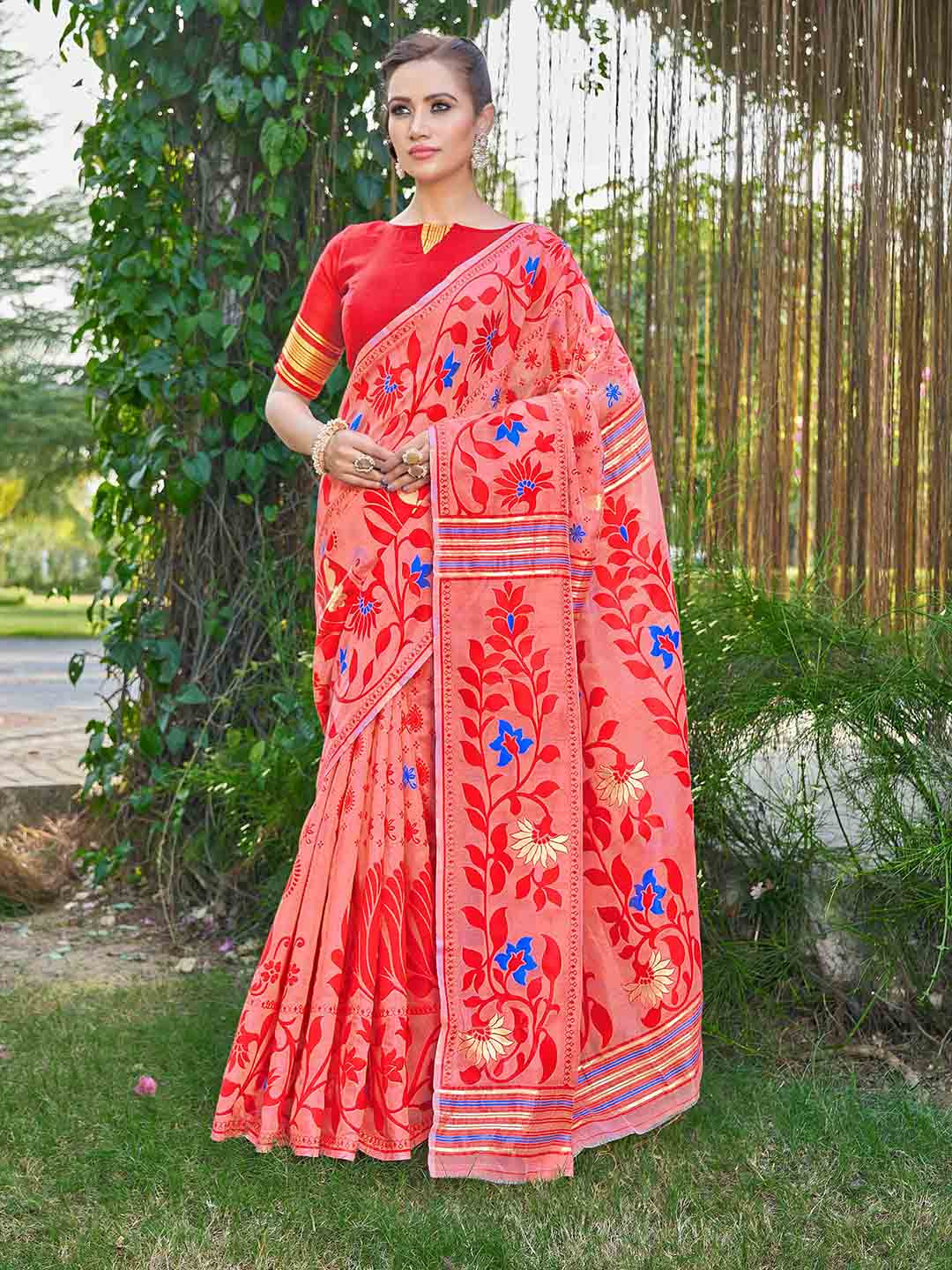 Ariya Prints Floral Woven Design Silk Cotton Jamdani Saree
