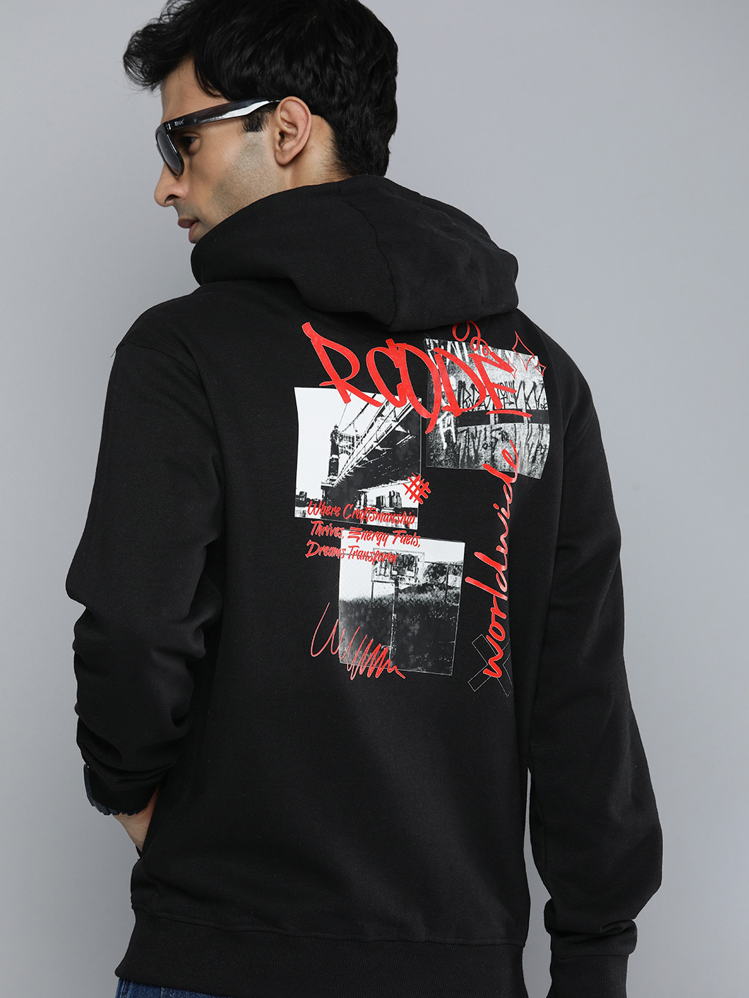 R.Code by The Roadster Life Co. Men Graphic Printed Hooded Sweatshirt