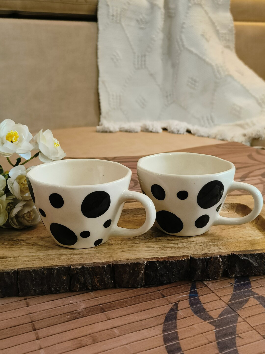 NIYARA White Black 2 Pieces Printed Ceramic Cups 320ml