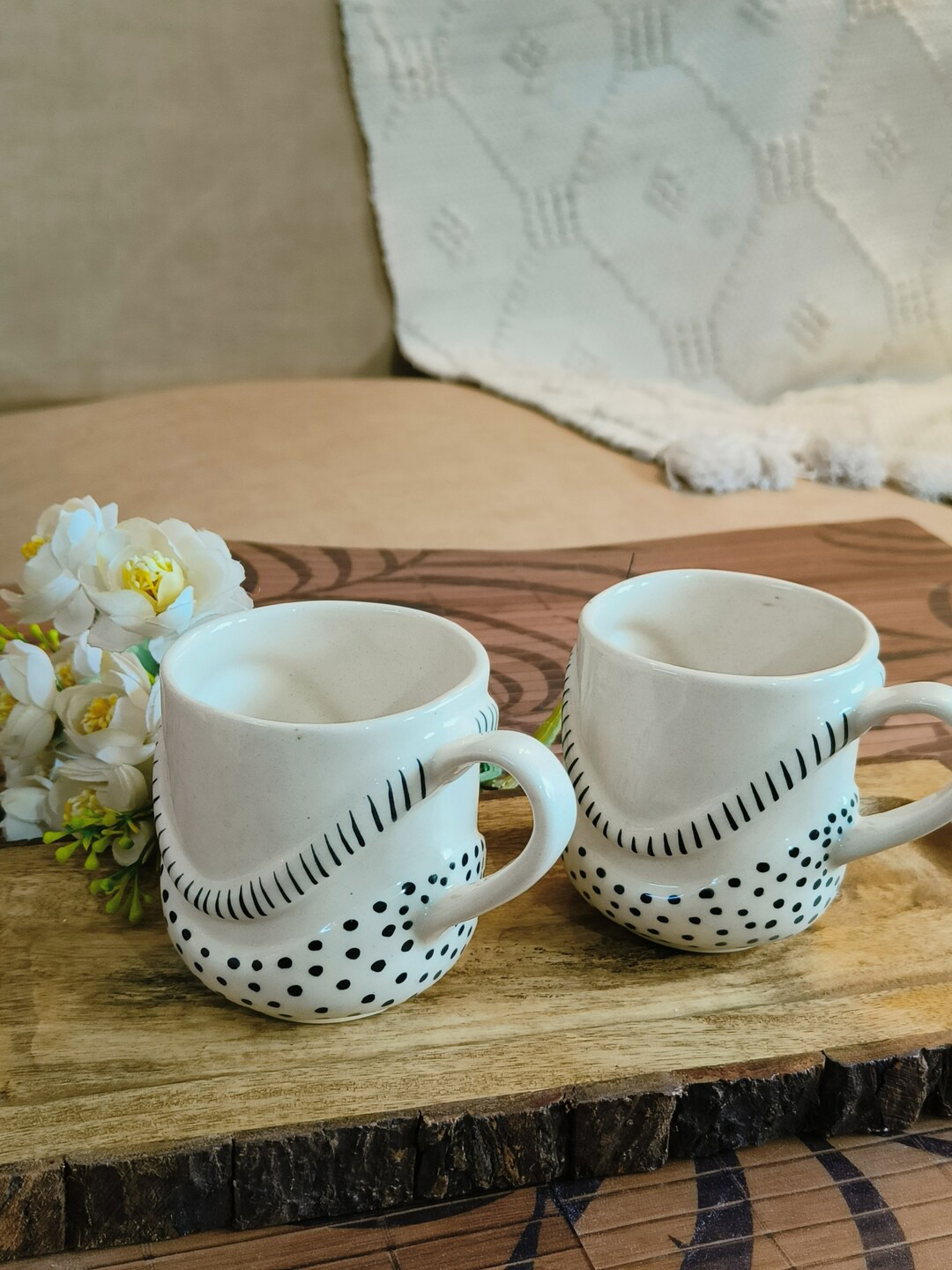 NIYARA White Black 2 Pieces Printed Ceramic Glossy Cups 400ml