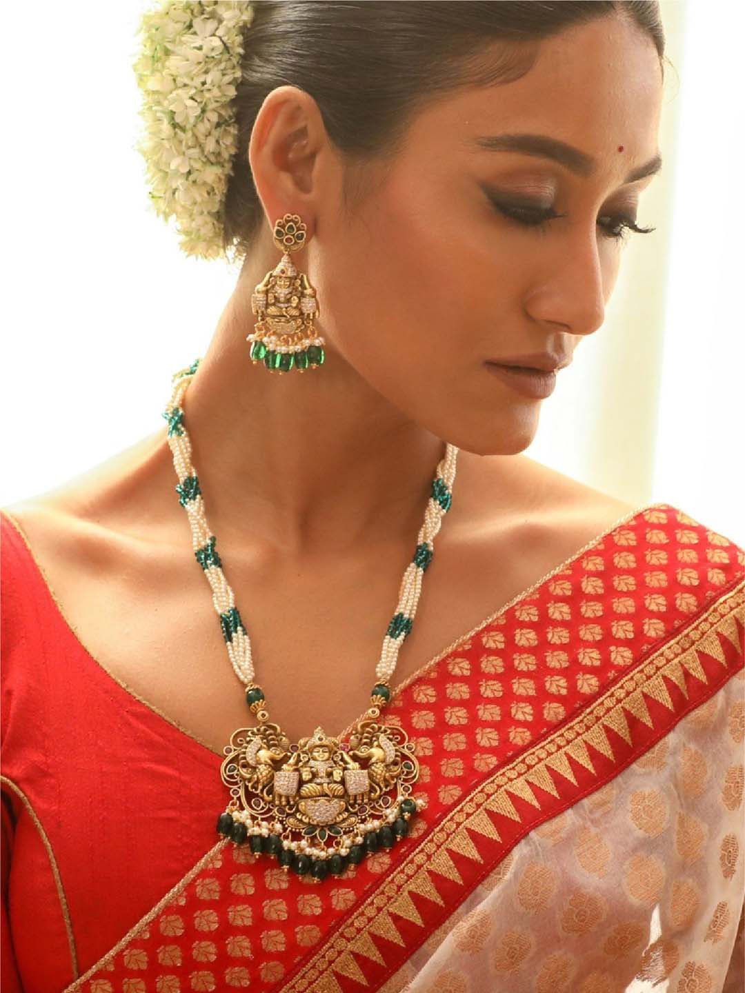 Tarinika Prakrit Gold-Plated CZ-Studded Pearl Beaded Antique Jewellery Set