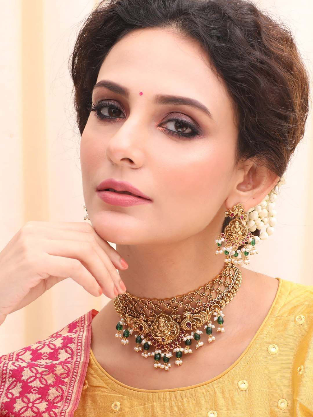 Tarinika Keeka Gold-Plated CZ-Studded Antique Temple Choker Jewellery Set