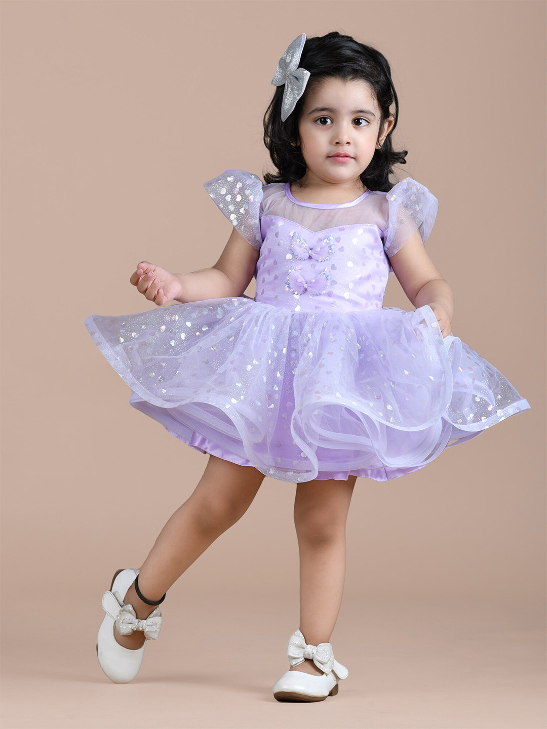 BAESD Girls Conversational Printed Cap Sleeves Net & Cotton Fit & Flare Dress