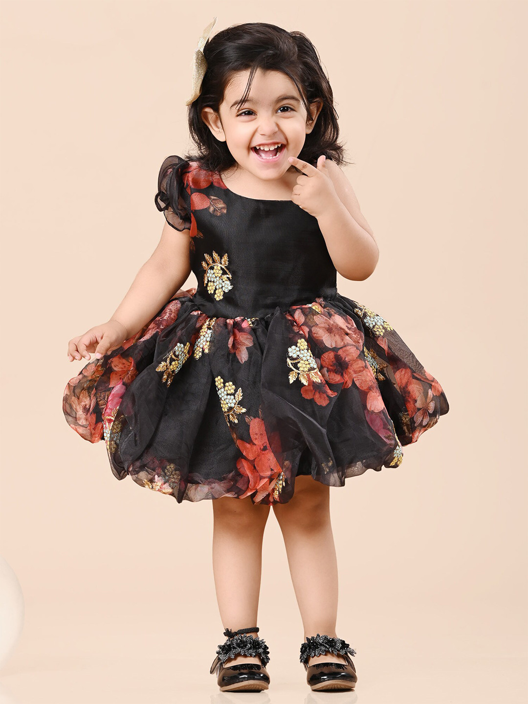 BAESD Girls Floral Printed One Shoulder Embroidered Organza & Cotton Fit and Flare Dress