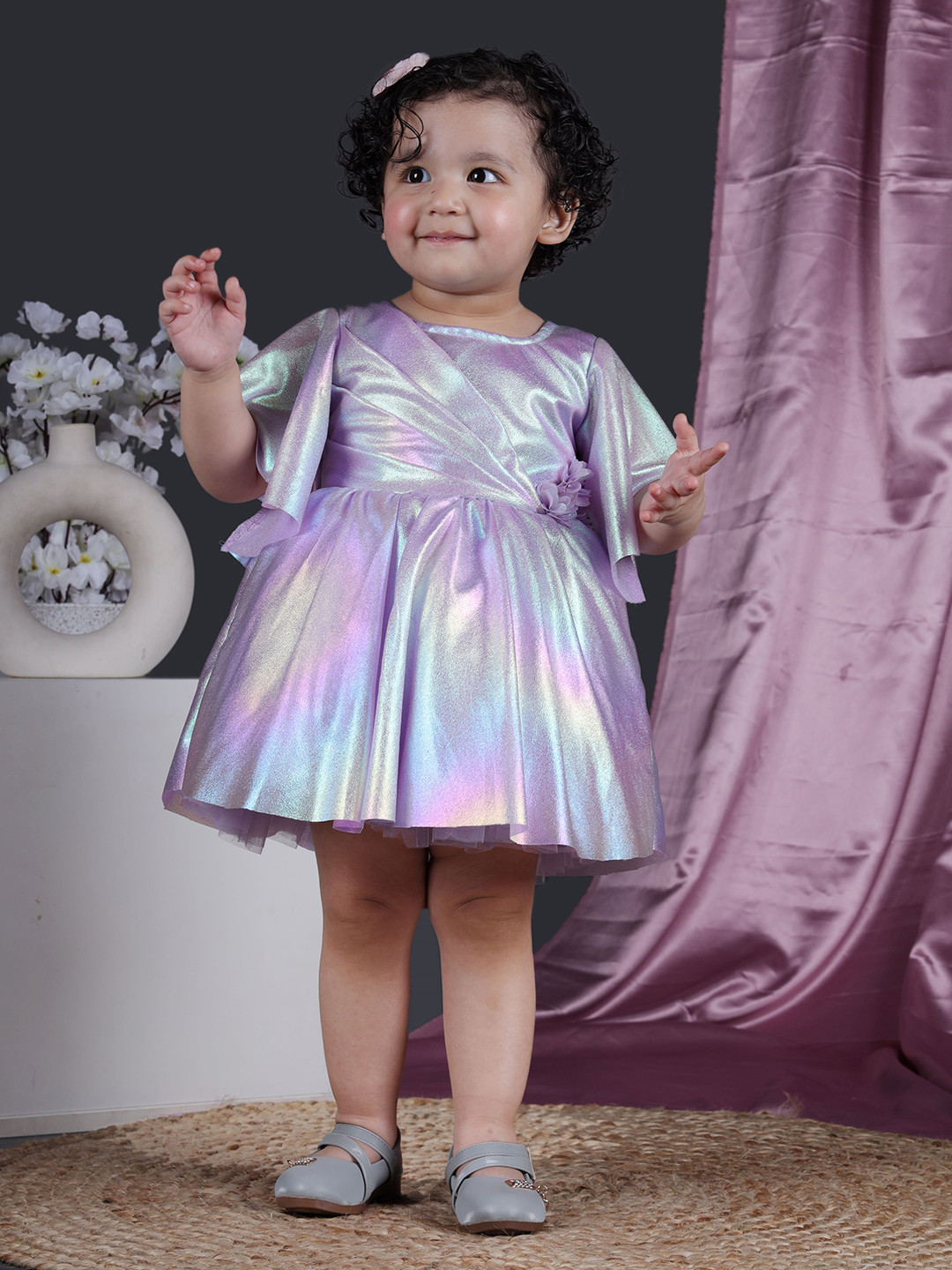 BAESD Girls Embellished Satin Flutter Sleeves Fit & Flare Party Dress