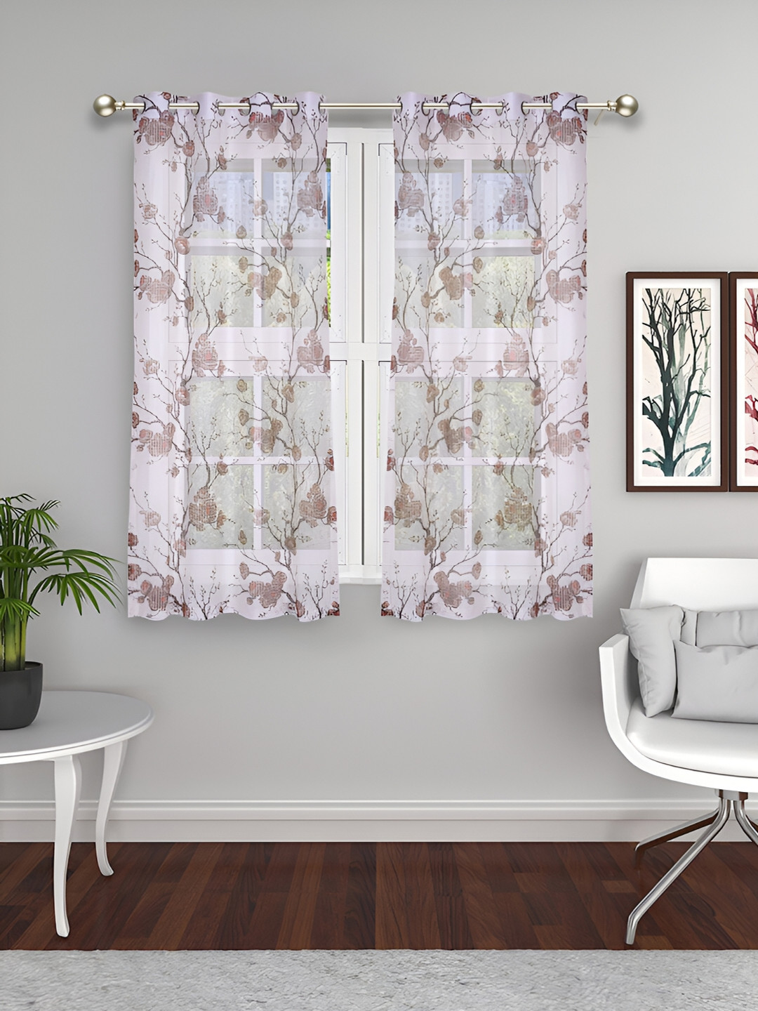 THE CONVERSION Coffee Brown 2 Pieces Floral Sheer Tissue Window Curtains