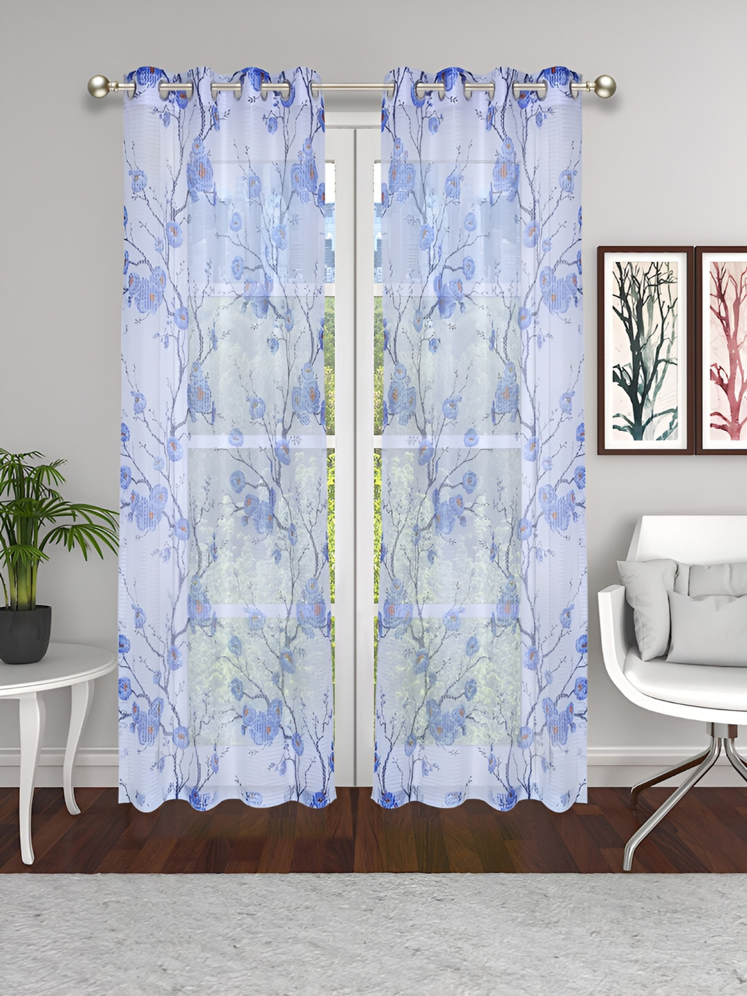 THE CONVERSION Off  White & Blue 2 Pieces Floral Tissue Fabric Sheer Long Door Curtains