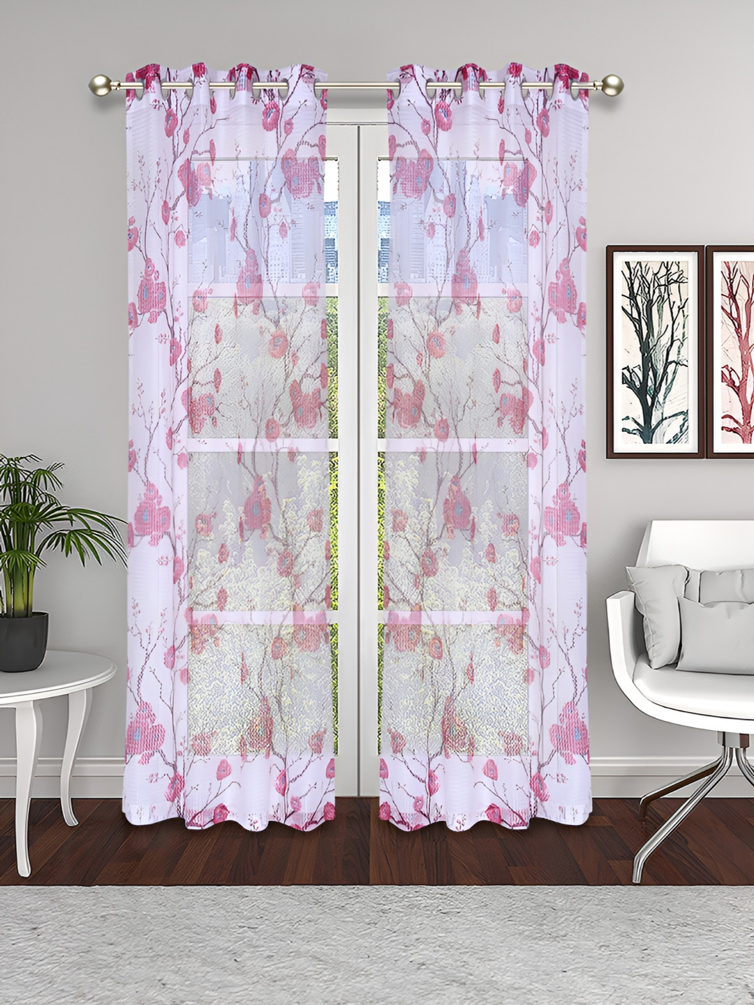 THE CONVERSION White & Burgundy 2 Pieces Floral Lightweight Tissue Sheer Door Curtains