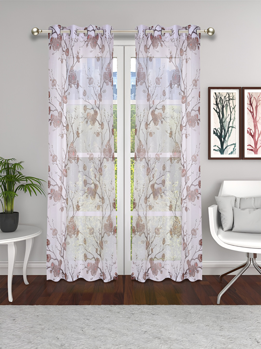 THE CONVERSION Coffee Brown 2 Pieces Floral Sheer Door Curtains