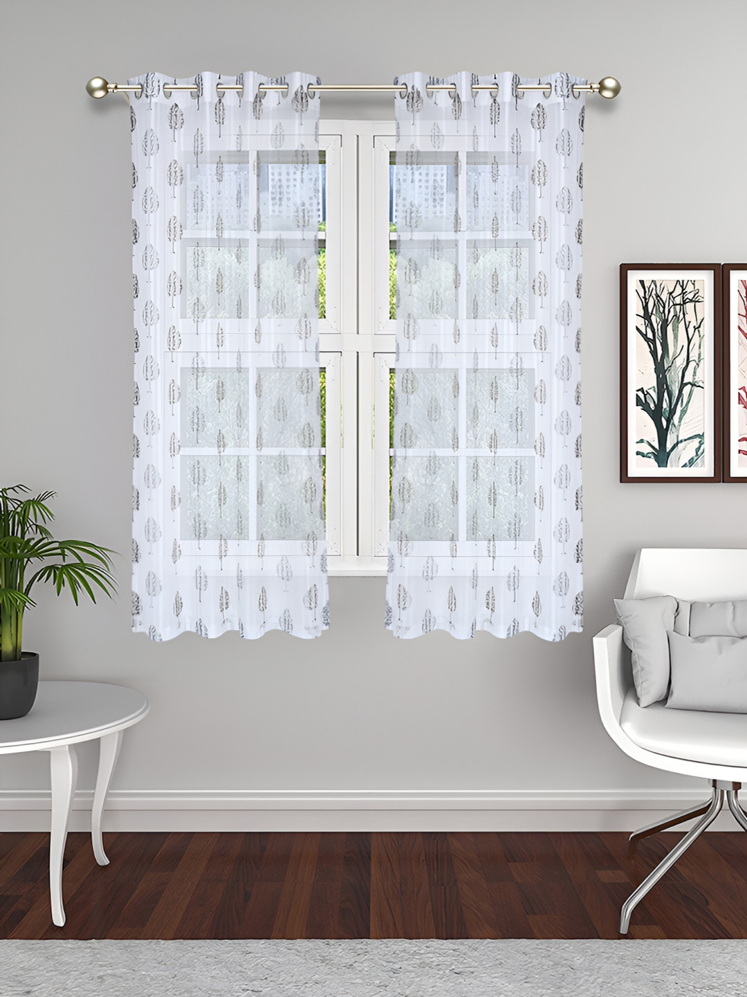 THE CONVERSION Coffee Brown 2 Pieces Floral Sheer Window Curtains