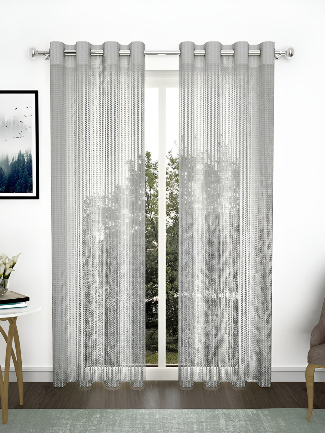 THE CONVERSION Grey 2 Pieces Striped Sheer Tissue Long Door Curtain