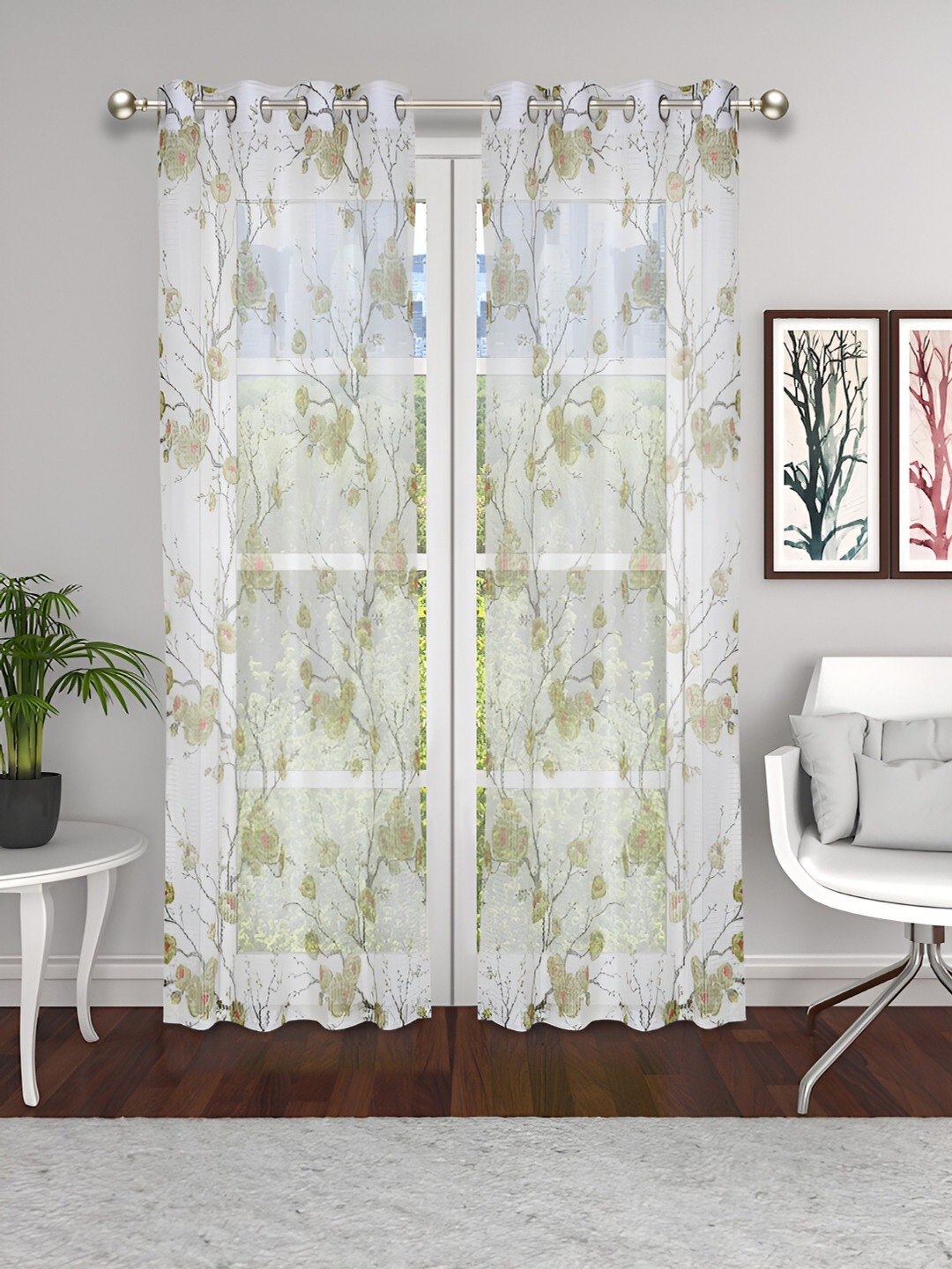 THE CONVERSION White & Green 2 Pieces Floral Lightweight Tissue Sheer Door Curtains