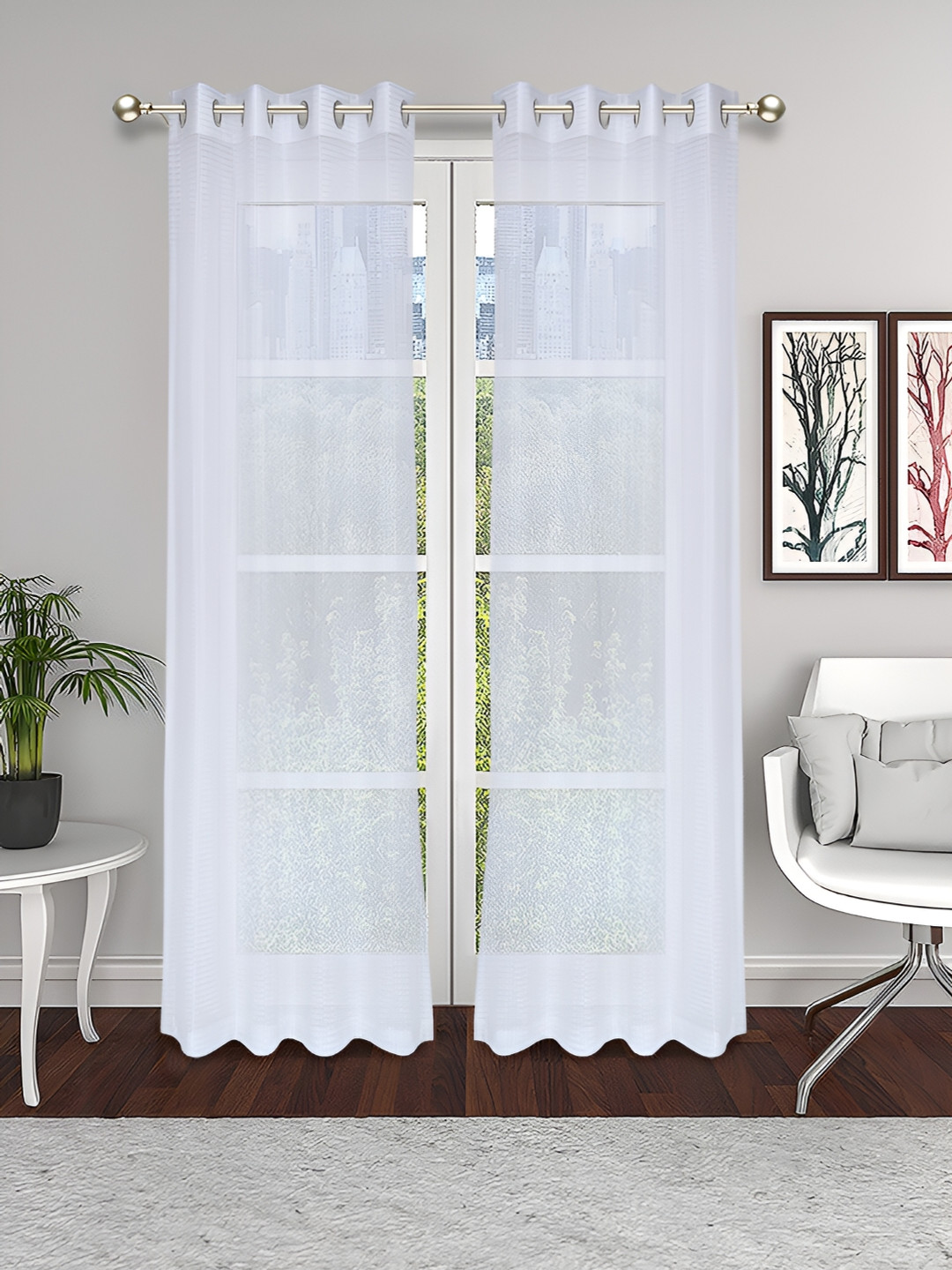THE CONVERSION White 2 Pieces Striped Lightweight Tissue Sheer Door Curtains