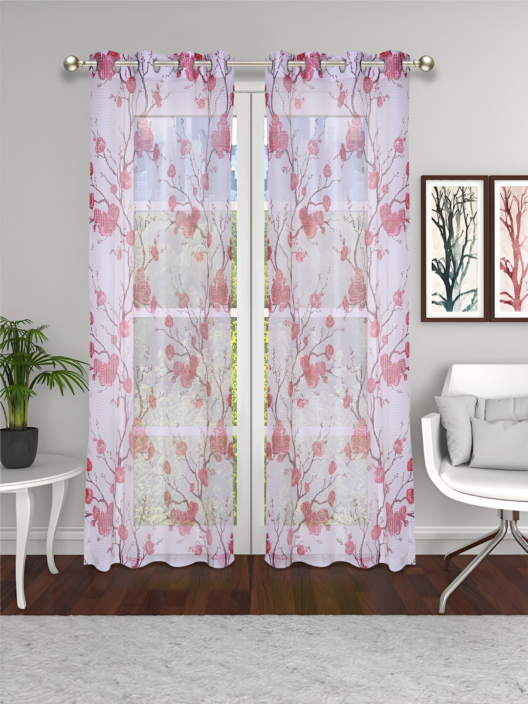 THE CONVERSION Maroon Set of 2 Floral Sheer Door Curtains