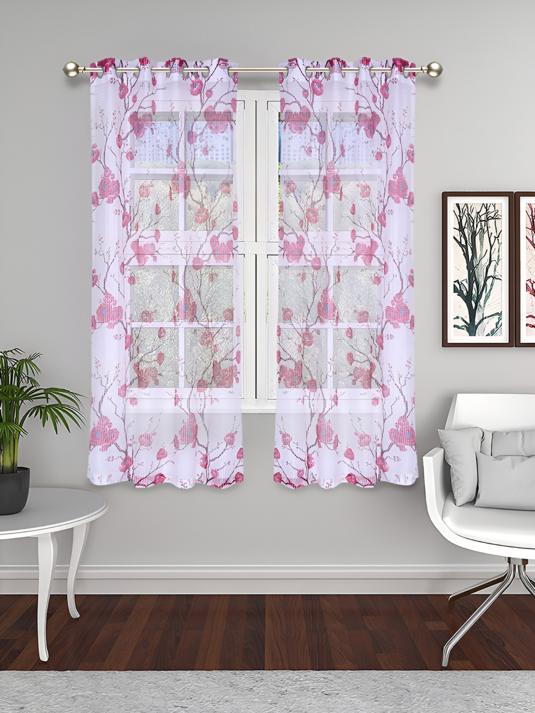 THE CONVERSION Burgundy 2 Pieces Floral Sheer Window Curtains