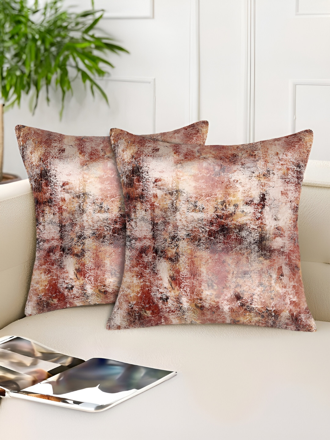Tesmare Brown & Beige 2 Pieces Abstract Velvet Square Cushion Covers