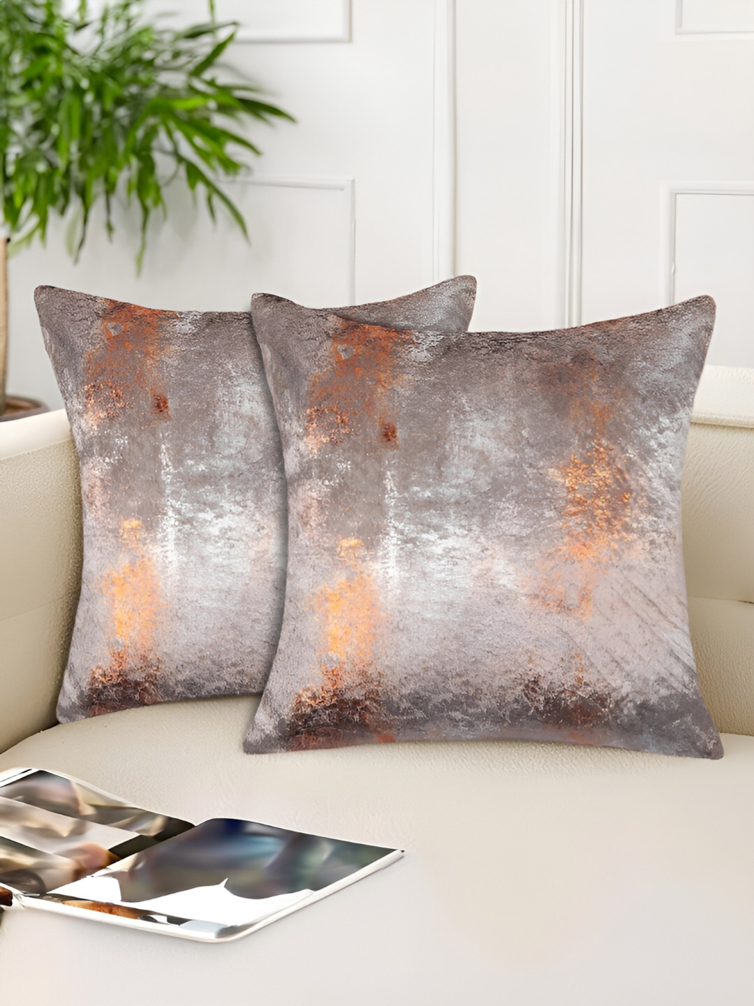 Tesmare Beige & Copper-Toned 2 Pieces Velvet Square Cushion Covers