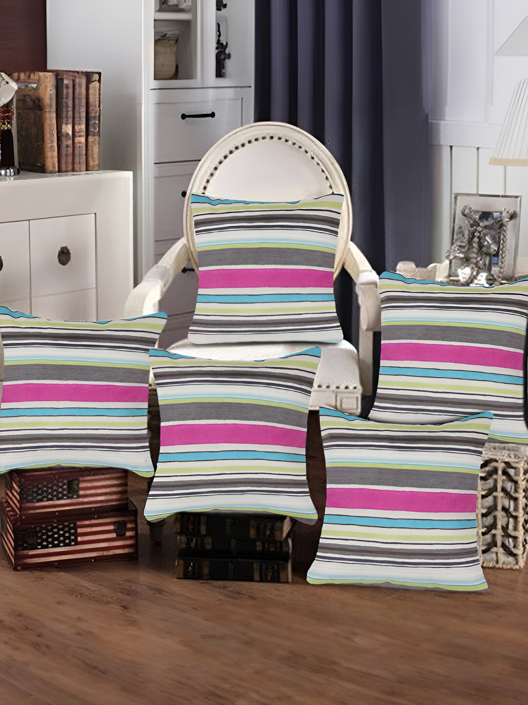 Tesmare Pink Striped Velvet Durable 5 Piece Square Cushion Covers -16x16In