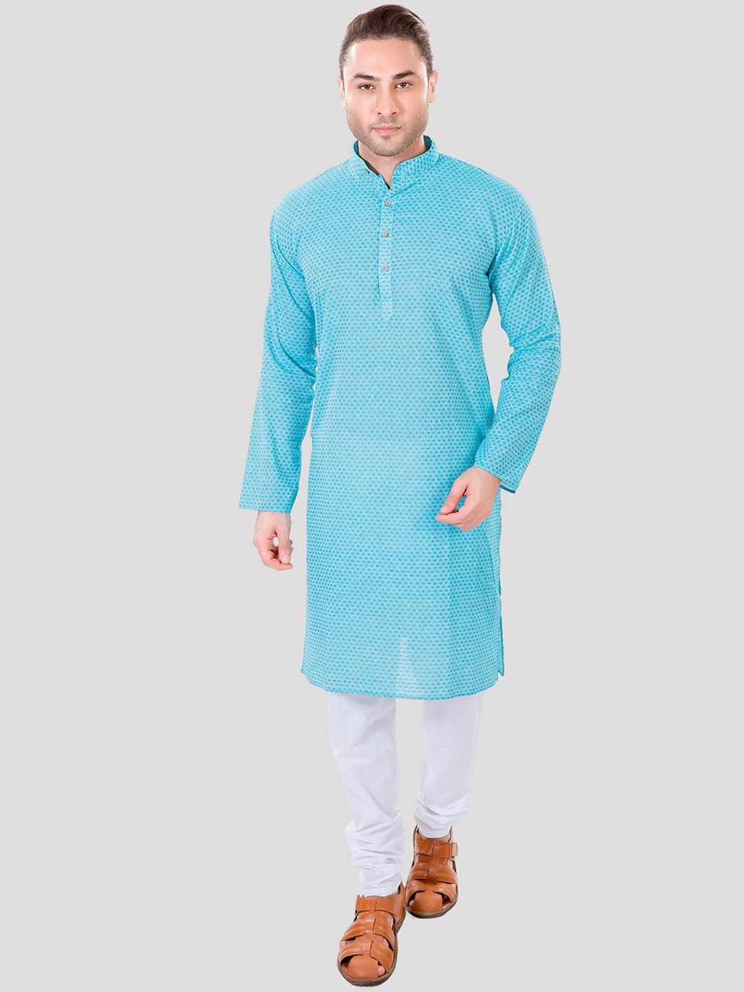 Maharaja Geometric Printed Band Collar Pastel Straight Kurta with Pyjamas
