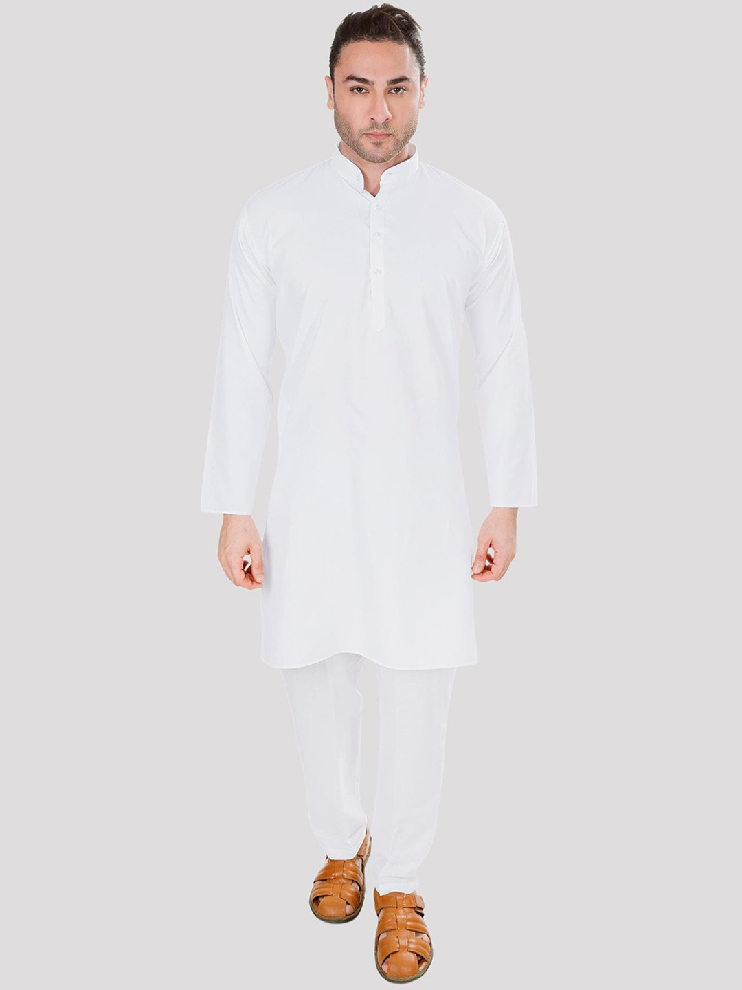 Maharaja Band Collar White Romance Pure Cotton Straight Kurta with Pyjamas