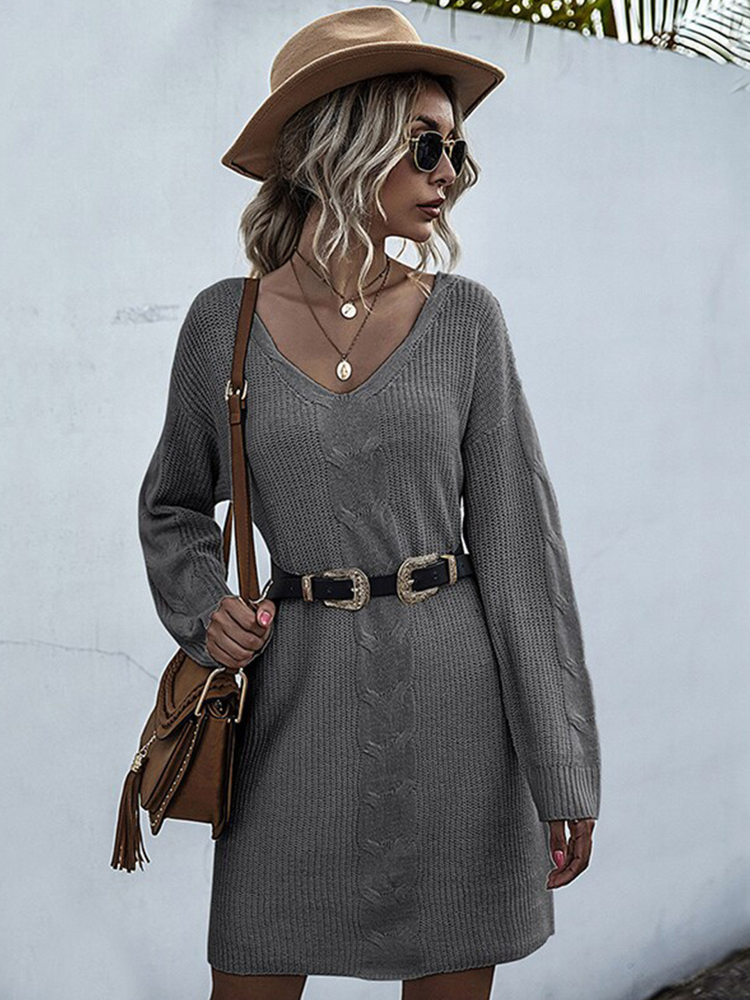 StyleCast Grey Solid V-Neck Long Sleeve Mini Jumper Dress
