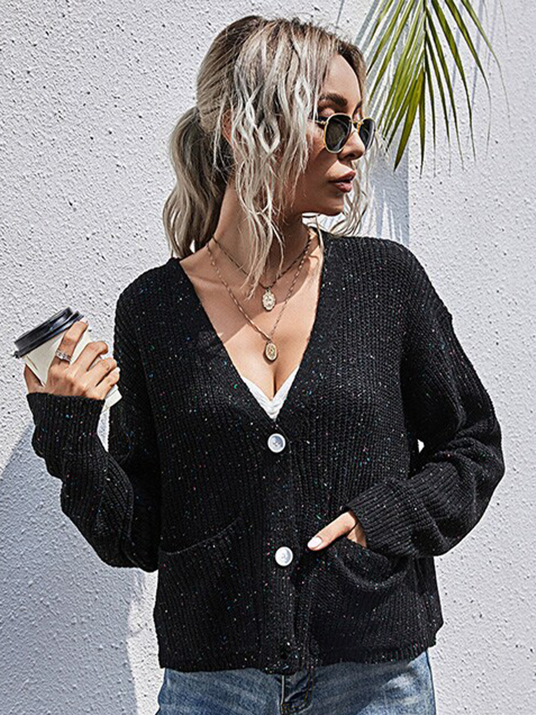 StyleCast Black Cable Knit Ribbed Drop Shoulder Sleeves Cardigan Sweater