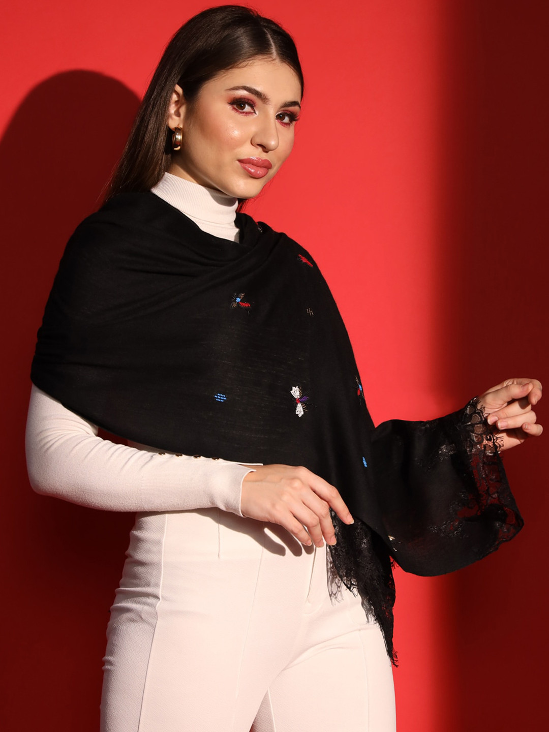 MODARTA Women Embroidered Beads and Stones Pure Woollen Shawl